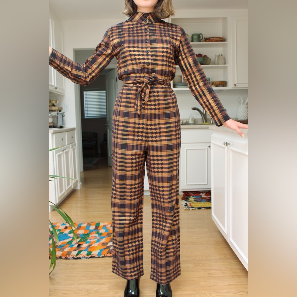Ace & Jig metallic copper and black check pull on pant